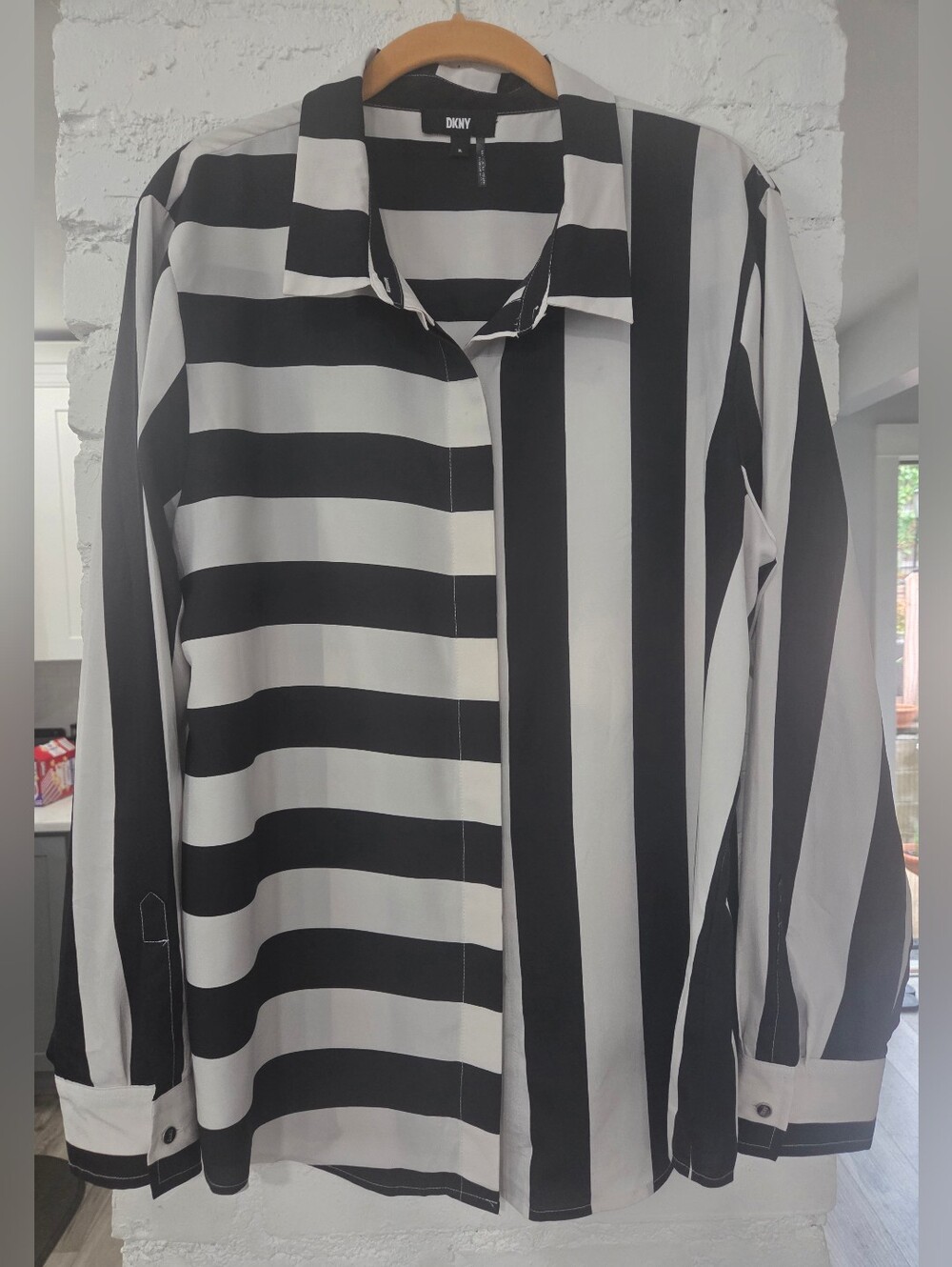 DKNY Black and White Striped Button-Down Shirt